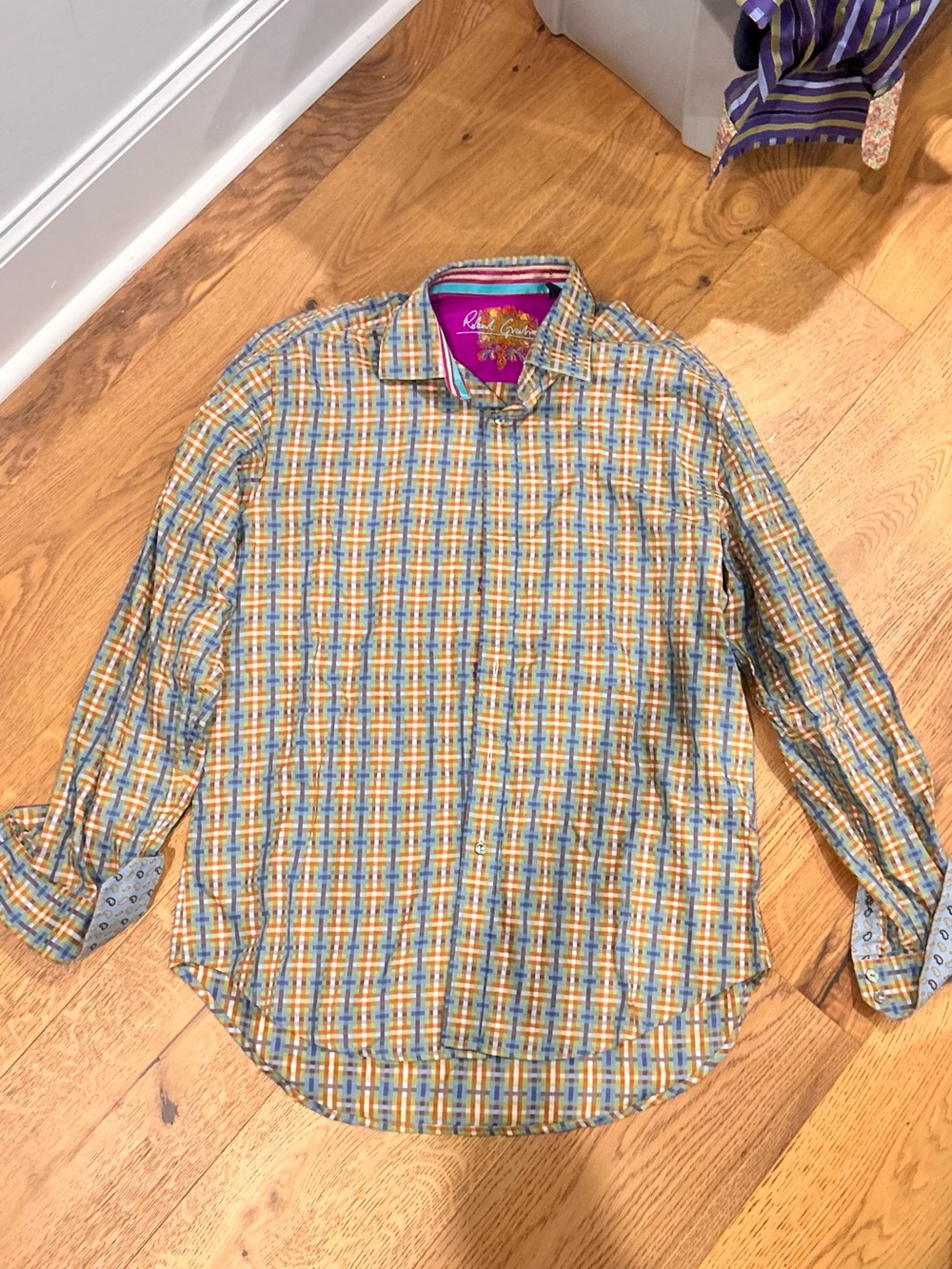 VINTAGE Robert Graham Yellow and Blue Plaid Long-Sleeve Button-Down Shirt